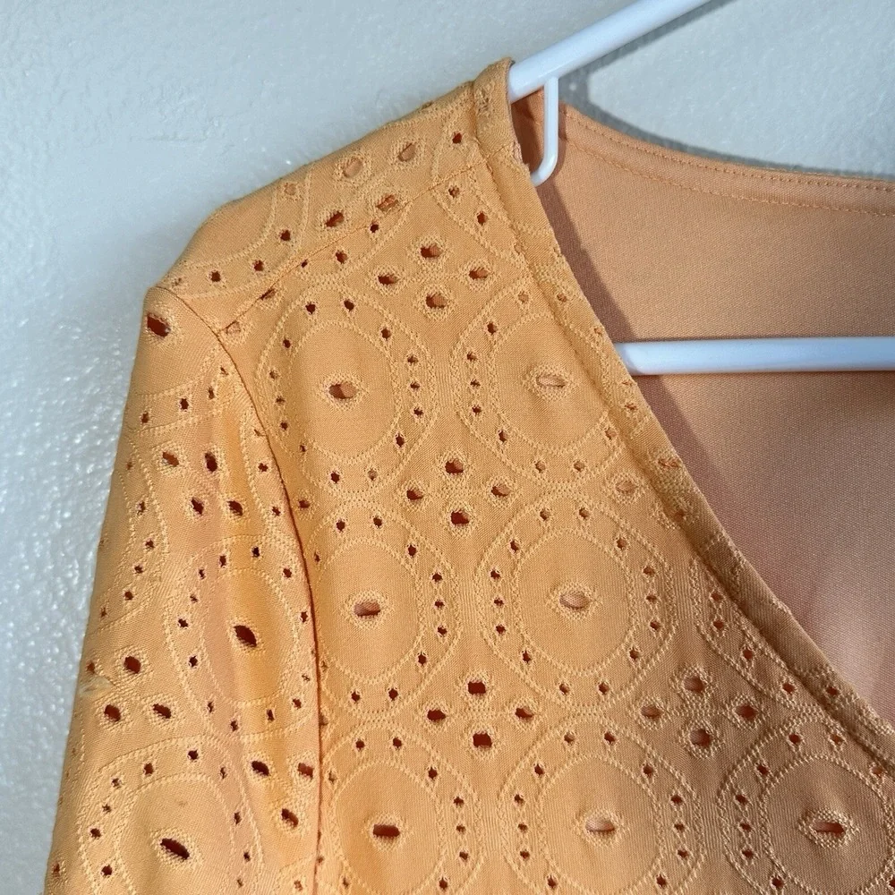 Isaac‎ Mizrahi Live Womens Orange Eyelet V Neck Short Sleeve Tunic Top M